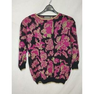 Vintage 1980s Liz Baker Purple, Black, and Metallic Gold Sweater - Ladies 1XL